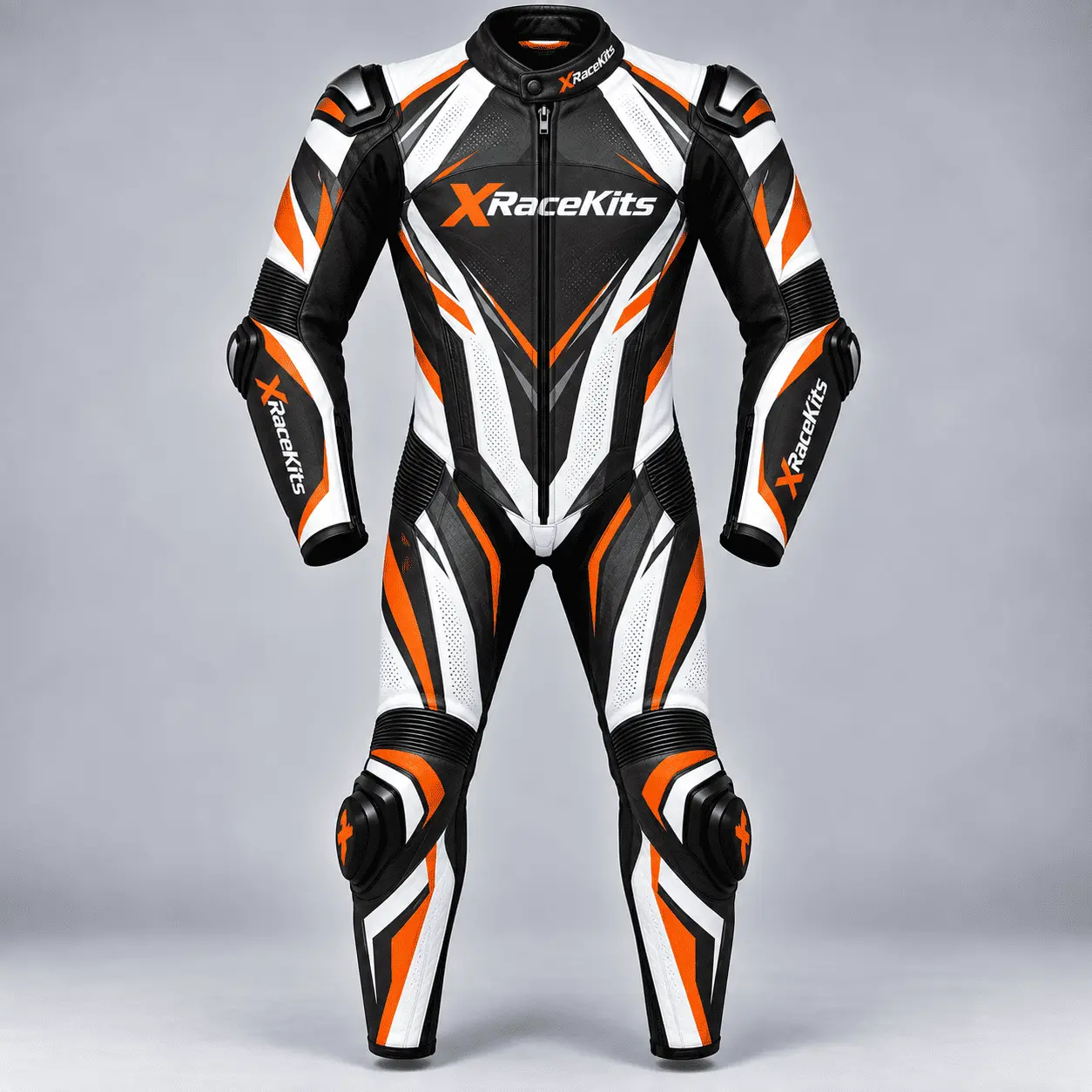 XRaceKits Black Orange White Motorcycle Racing Leather Suit