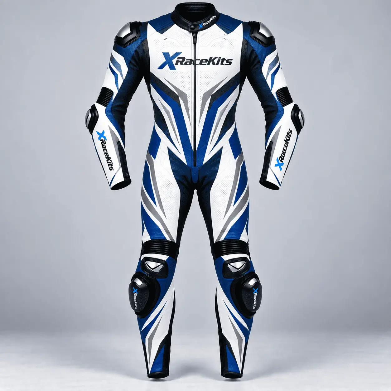 XRaceKits White Blue Motorcycle Racing Leather Suit