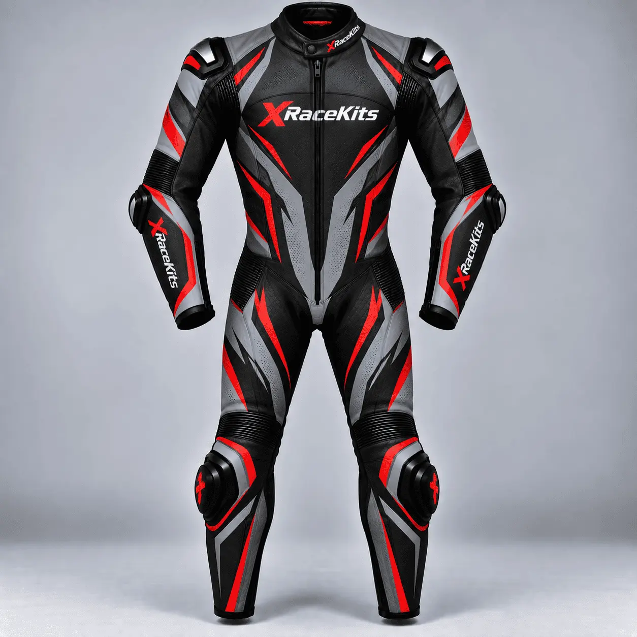 XRaceKits Black Red Grey Motorcycle Racing Leather Suit
