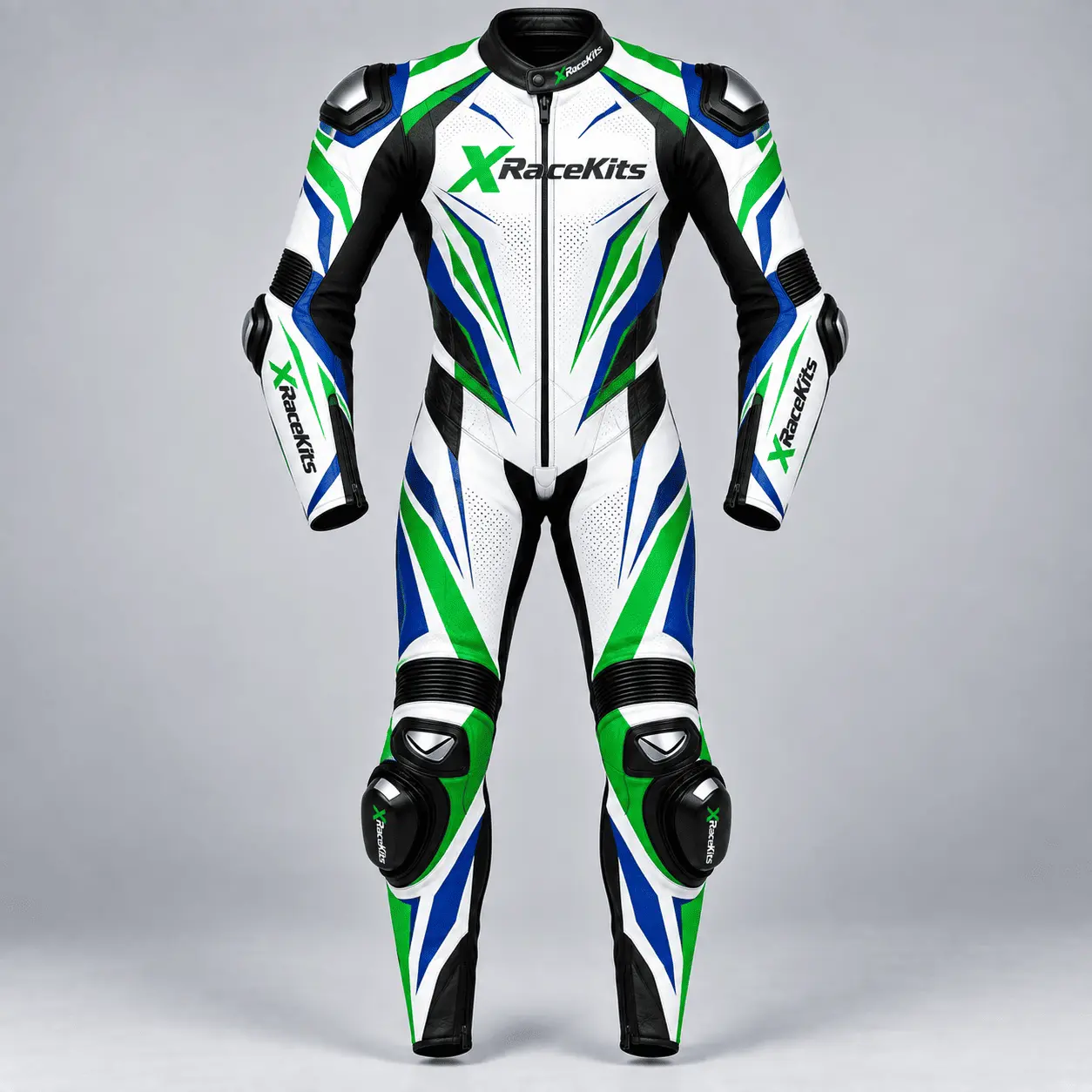 XRaceKits White Green Blue Motorcycle Racing Leather Suit