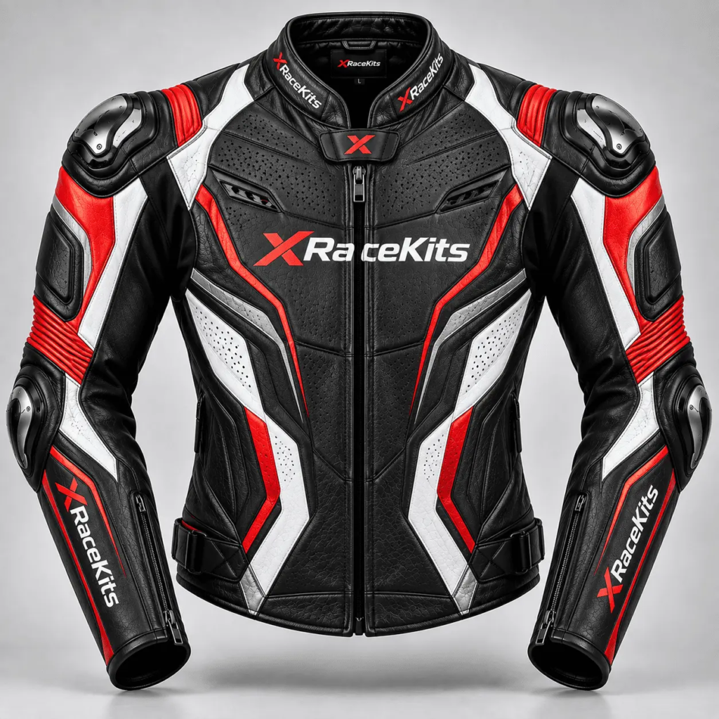 XRaceKits Black, Red & White Racing Leather Motorcycle Jacket