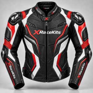 XRaceKits Black, Red & White Racing Leather Motorcycle Jacket