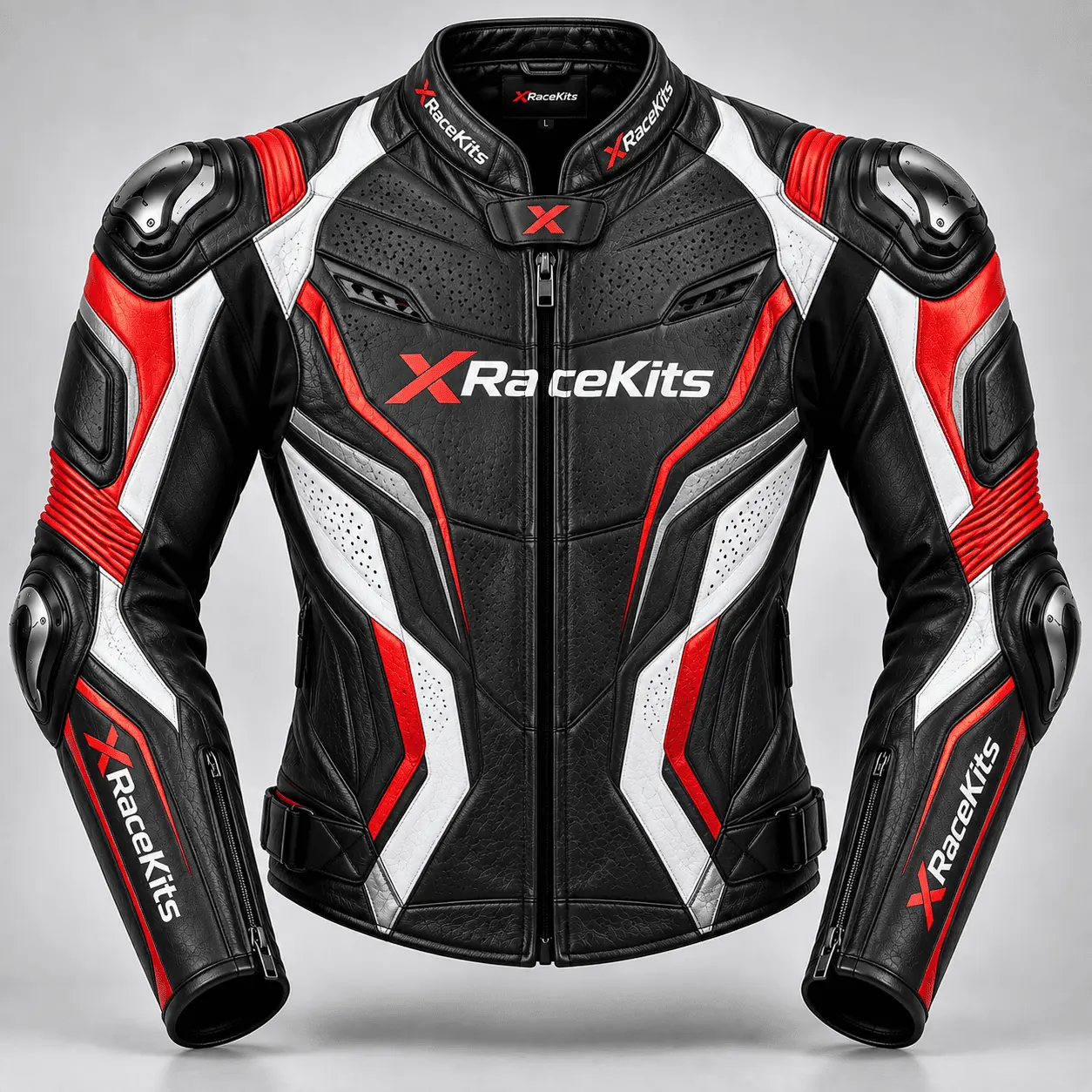 XRaceKits Black, Red & White Racing Leather Motorcycle Jacket