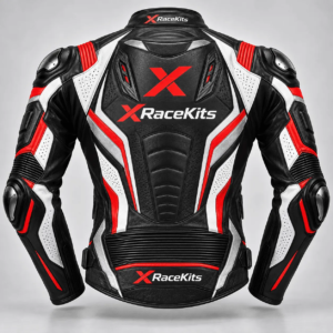 XRaceKits Black, Red & White Racing Leather Motorcycle Jacket