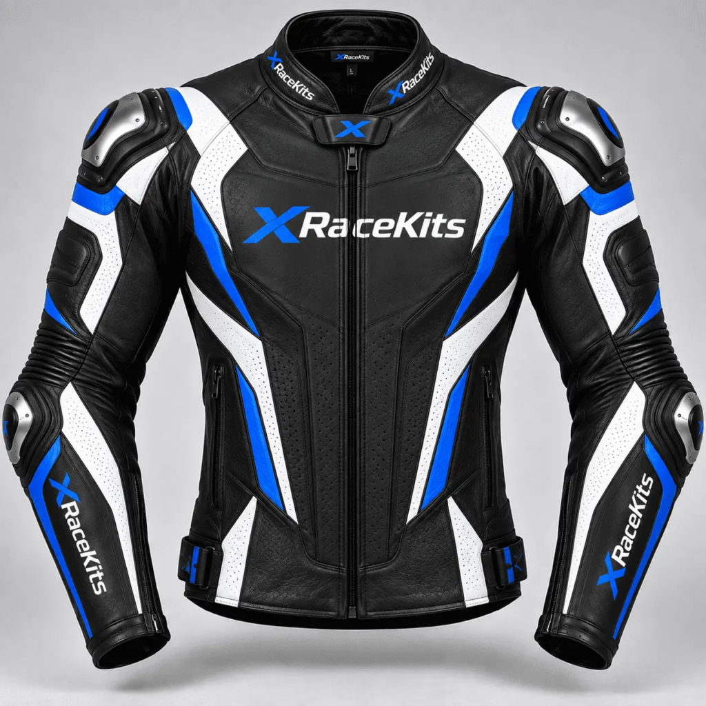 XRaceKits Black Blue White Motorcycle Racing Leather Jacket