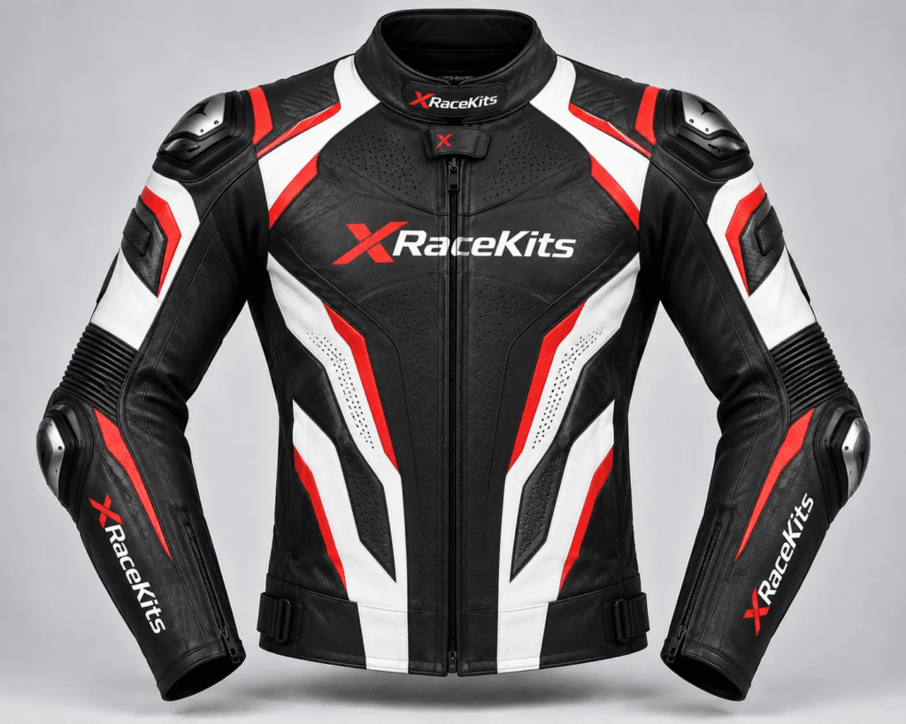 XRaceKits Black Red White Racing Motorcycle Leather Jacket