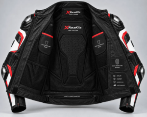 XRaceKits Black Red White Racing Motorcycle Leather Jacket