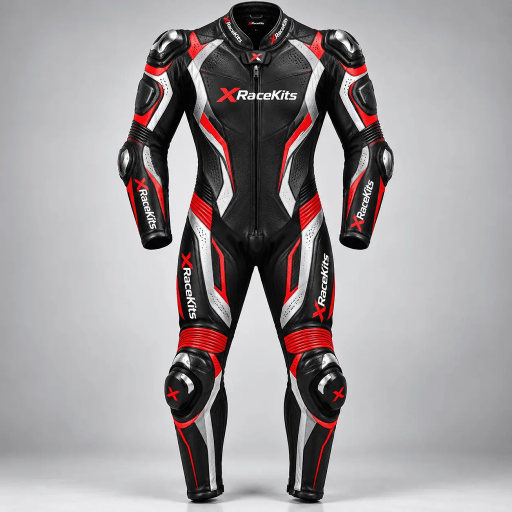 XRaceKits Black Red White Pro Motorcycle Racing Leather Suit