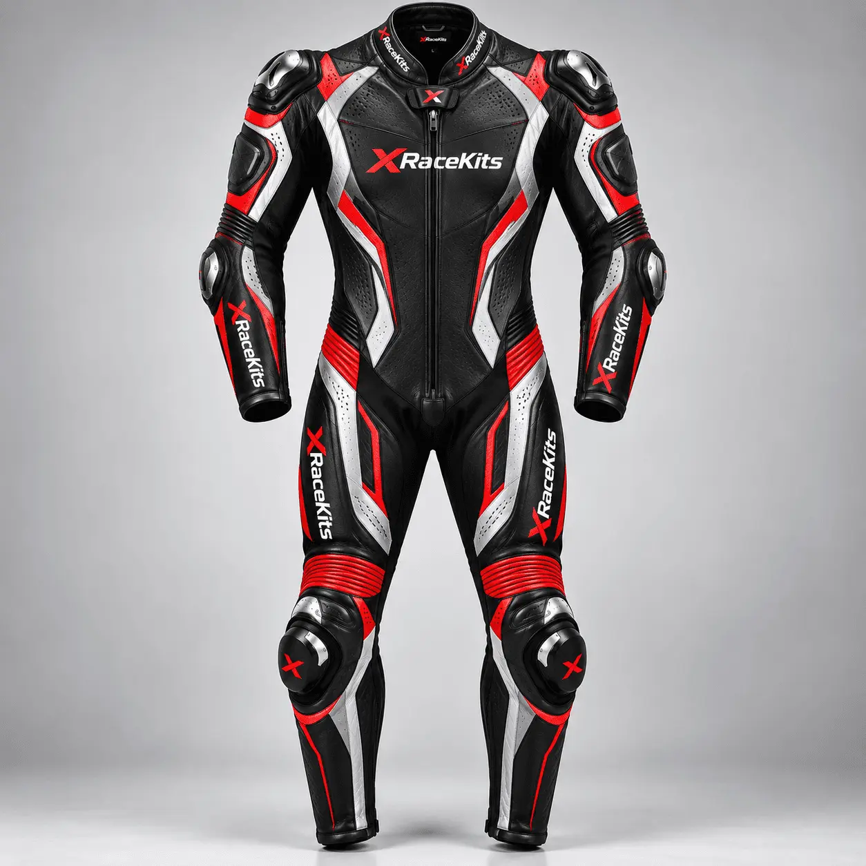 XRaceKits Black Red White Pro Motorcycle Racing Leather Suit