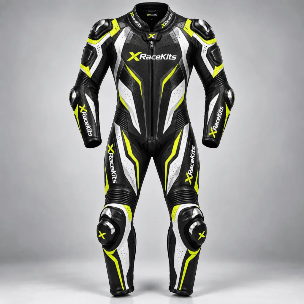 XRaceKits Black Neon Yellow White Motorcycle Racing Leather Suit