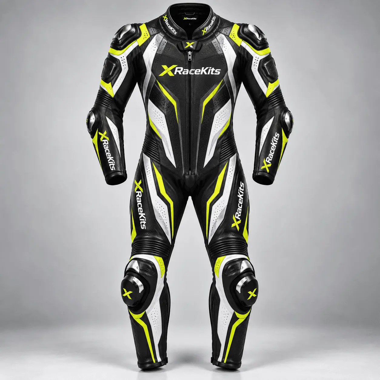 XRaceKits Black Neon Yellow White Motorcycle Racing Leather Suit