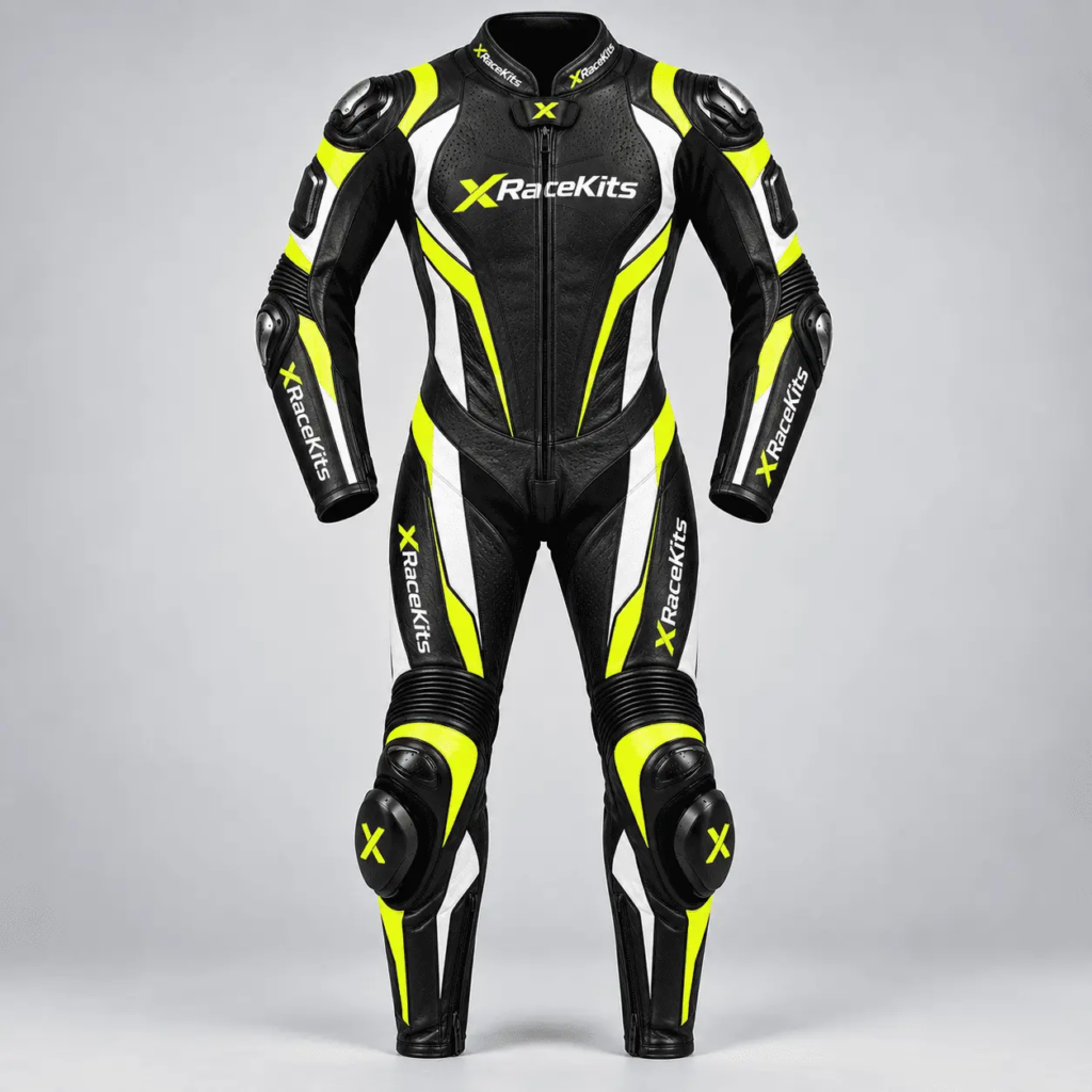 XRaceKits Black Neon Yellow White Motorcycle Racing Leather Suit