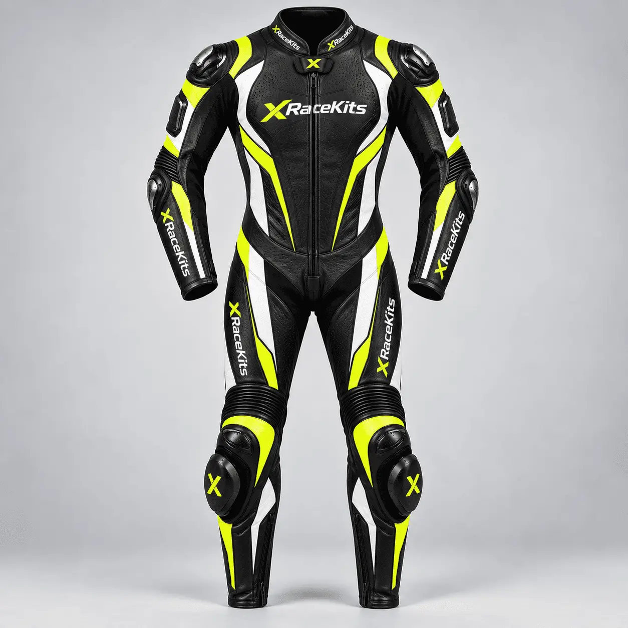 XRaceKits Black Neon Yellow White Motorcycle Racing Leather Suit
