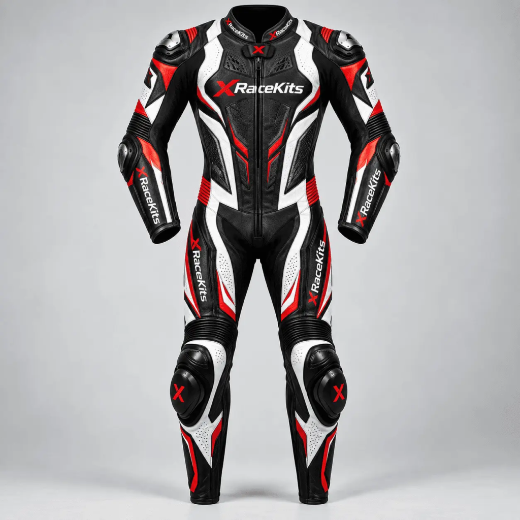 XRaceKits Black Red White Pro Motorcycle Racing Leather Suit