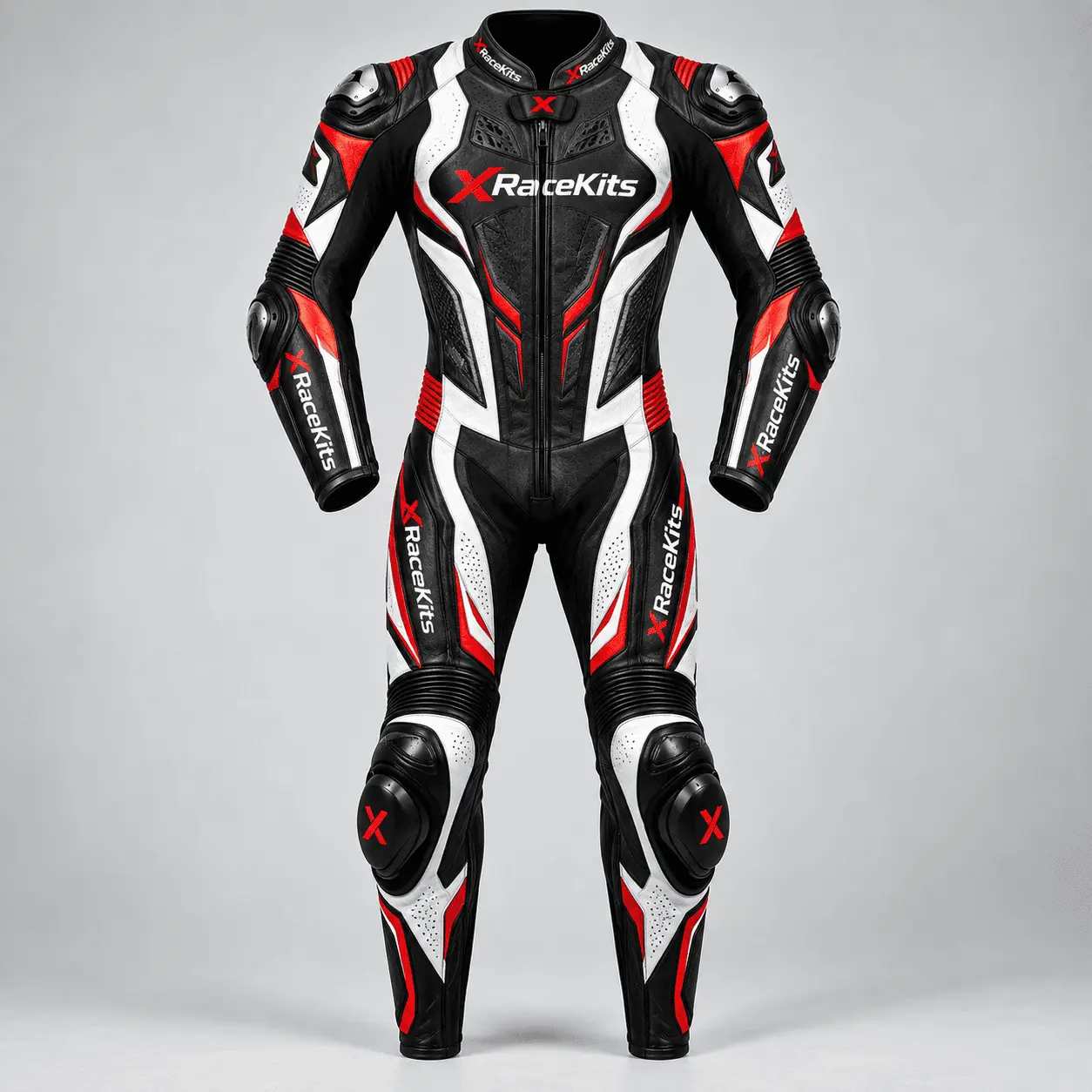 XRaceKits Black Red White Pro Motorcycle Racing Leather Suit