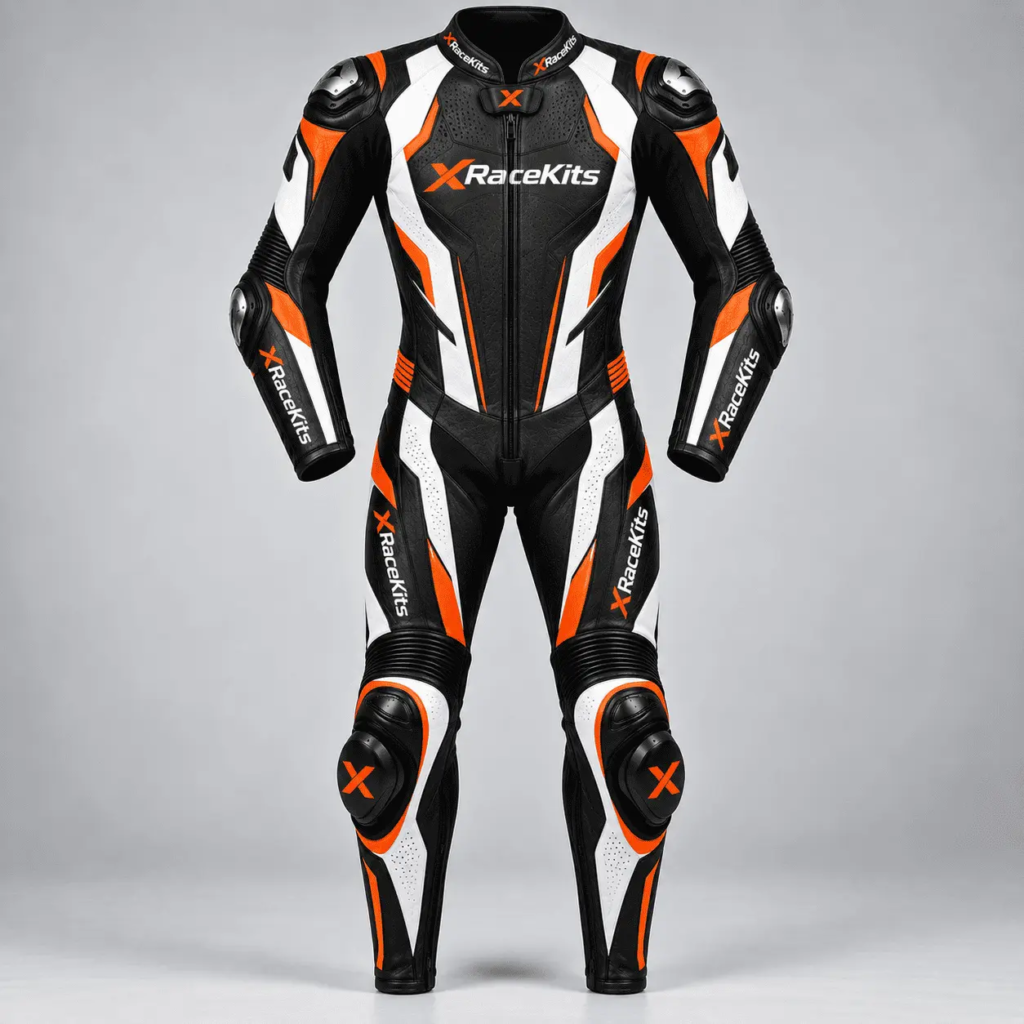 XRaceKits Black Orange White Motorcycle Racing Leather Suit