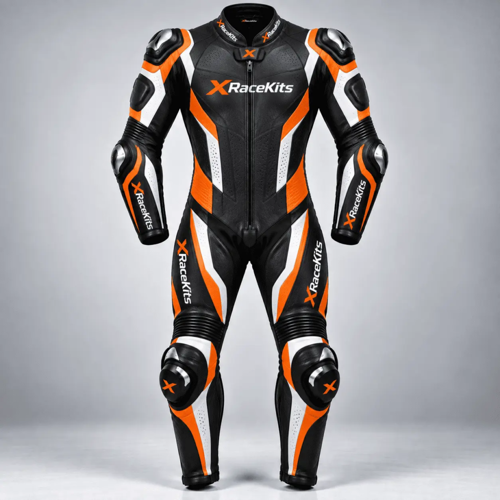 XRaceKits Black Orange White Motorcycle Racing Leather Suit