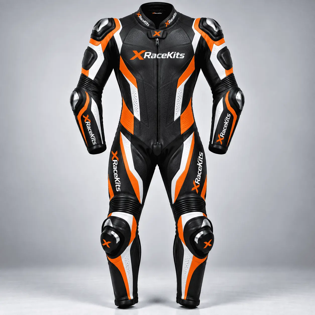 XRaceKits Black Orange White Motorcycle Racing Leather Suit